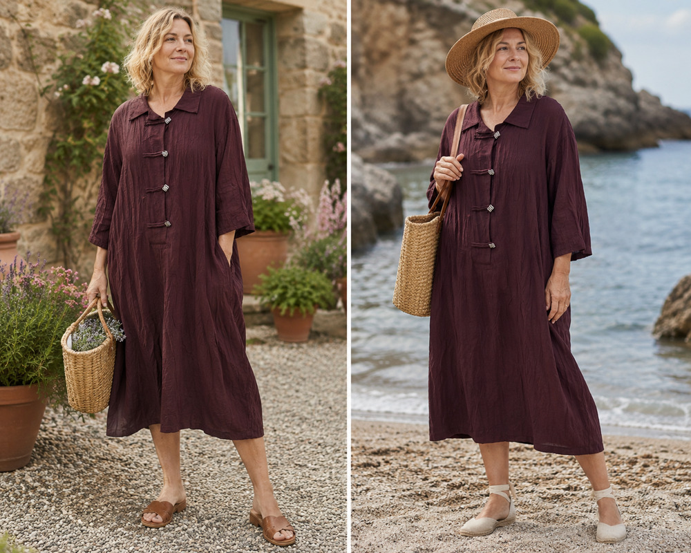 Vintage Lagenlook Crinkled Midi Dress Artisan Toggle Button Burgundy USA Sz-18W